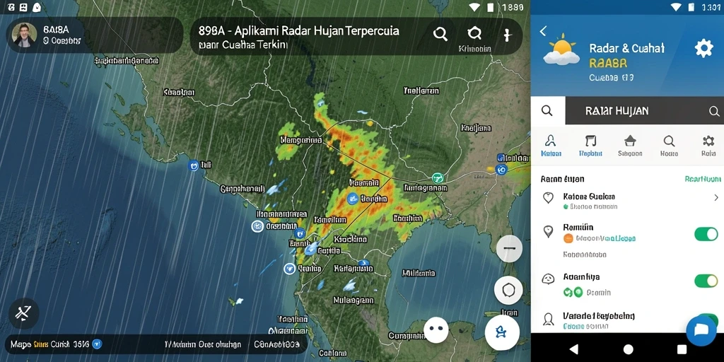 Tampilan antarmuka utama aplikasi 898A yang menunjukkan radar hujan.