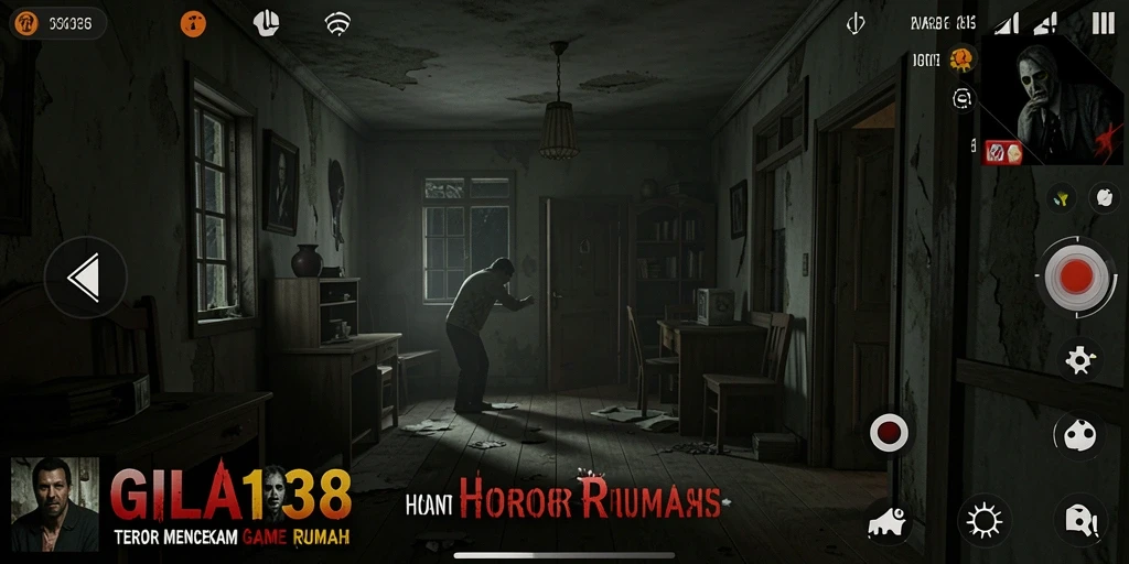 Antarmuka menyeramkan dalam GILA138 saat pemain menjelajah rumah berhantu.