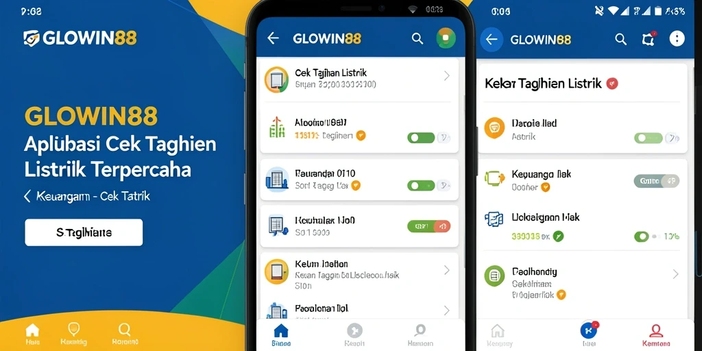 Tampilan antarmuka aplikasi GLOWIN88 untuk cek tagihan listrik.