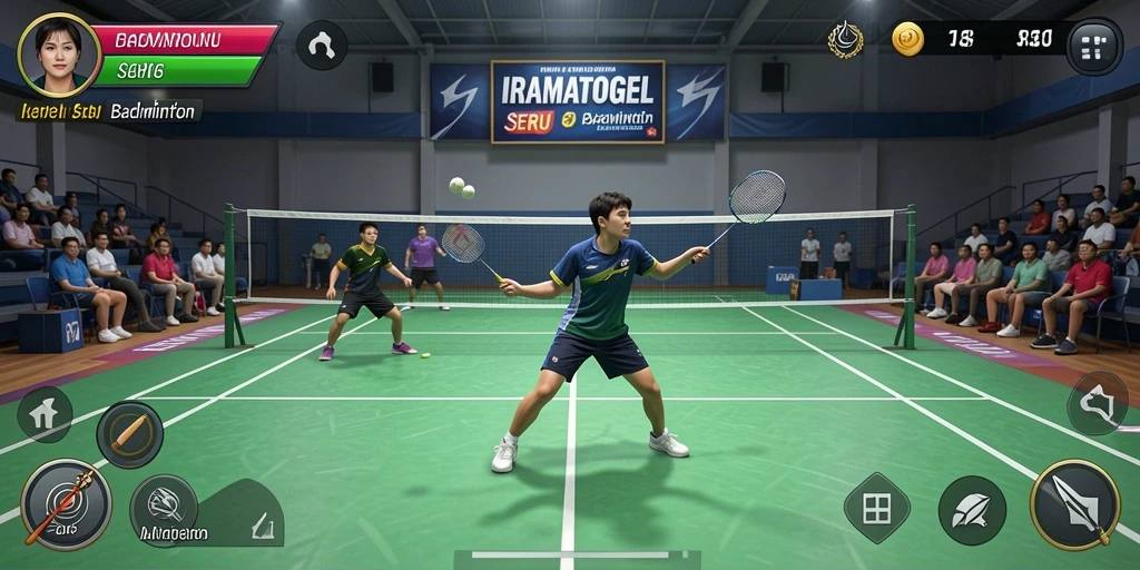 Tampilan utama antarmuka IRAMATOGEL yang menarik dengan karakter Badminton.